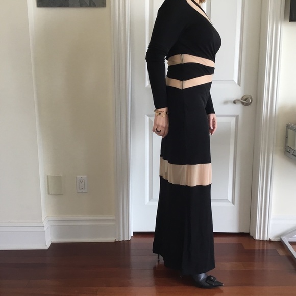 ABS Allen Schwartz Illusion Inset Maxi Long Black dress Peekaboo stripes - Picture 3 of 5